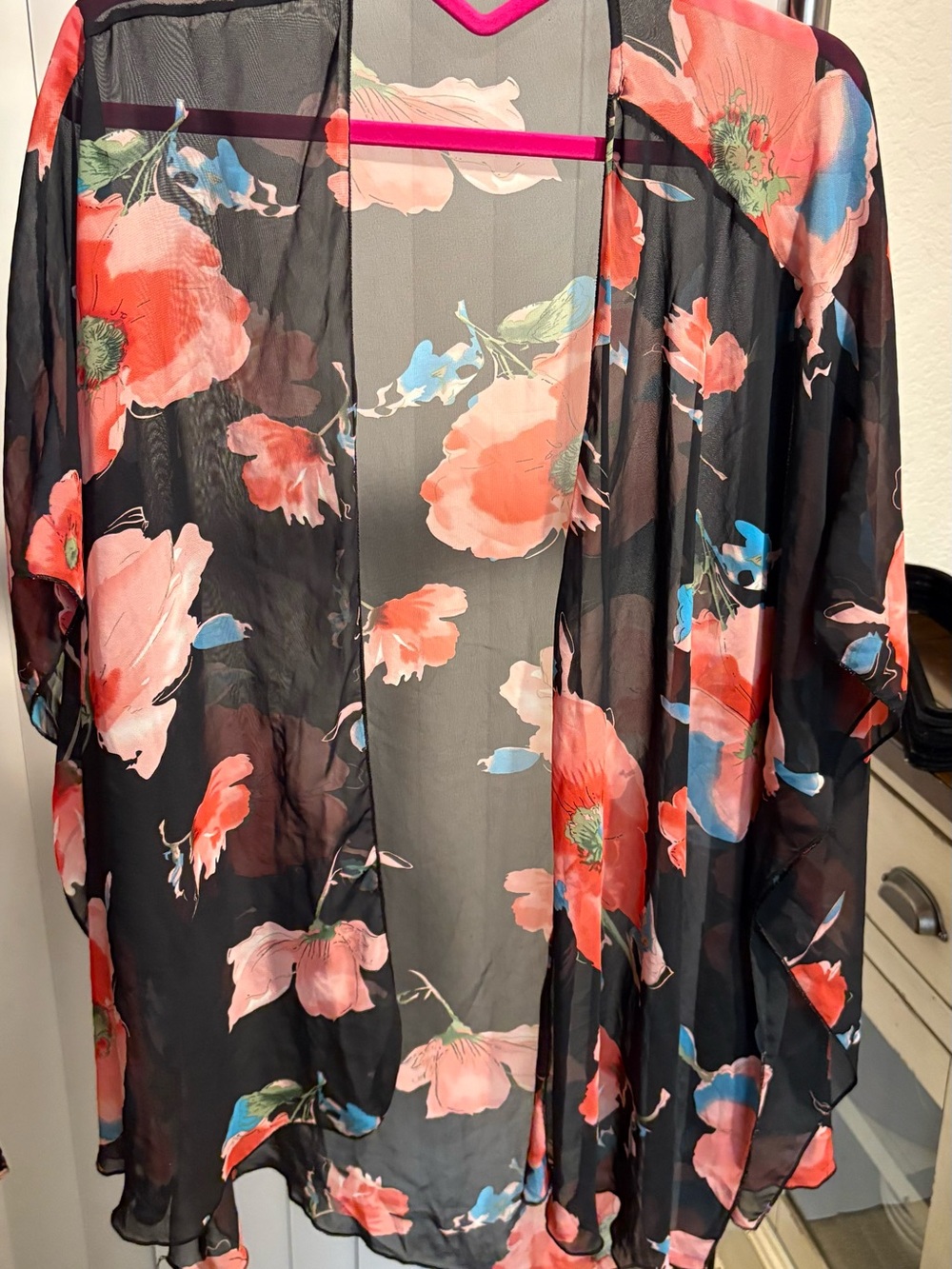 Sheer Floral Kimono Tunic - Black with Coral and Blue Blooms